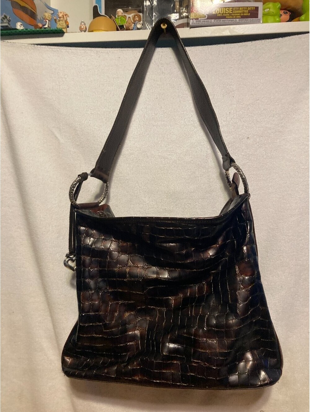 Brighton Womens Brown Croc Embossed Leather Shoulder Bag Hobo Purse Silver Rings